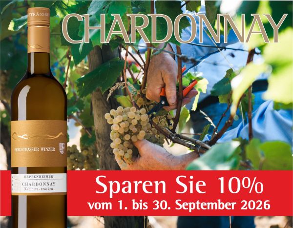 Stimmungsbild im Hintergrund bei der Weinlese. Im Vordergrund eine Flaschenabbildung Art.Nr. 179 und Hinweis: Sparen Sie 10% vom 1.-30.09-2026