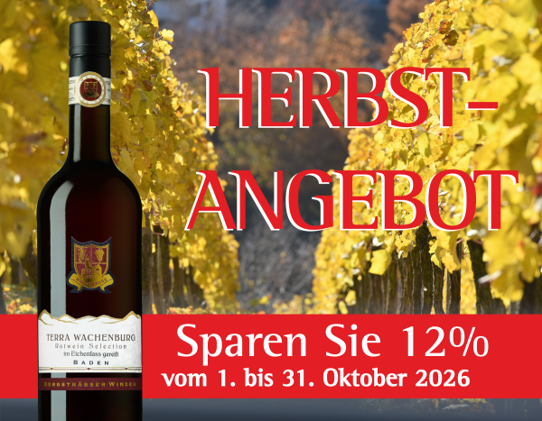 Herbstbild im Hintergrund, davor Hinweis auf Herbstangebot und eine Flaschenabbildung