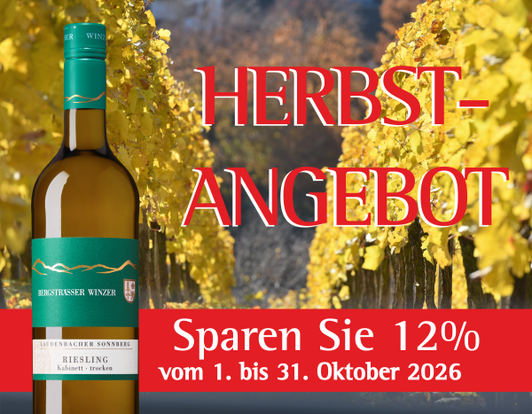 Herbstbild im Hintergrund, davor Hinweis auf Herbstangebot und eine Flaschenabbildung